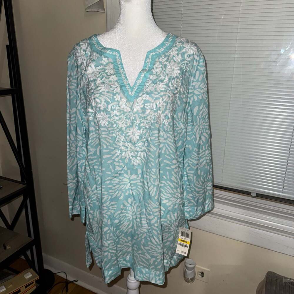Charter Club Blue & White Embroidered V-Neck Peasant Tunic Blouse
